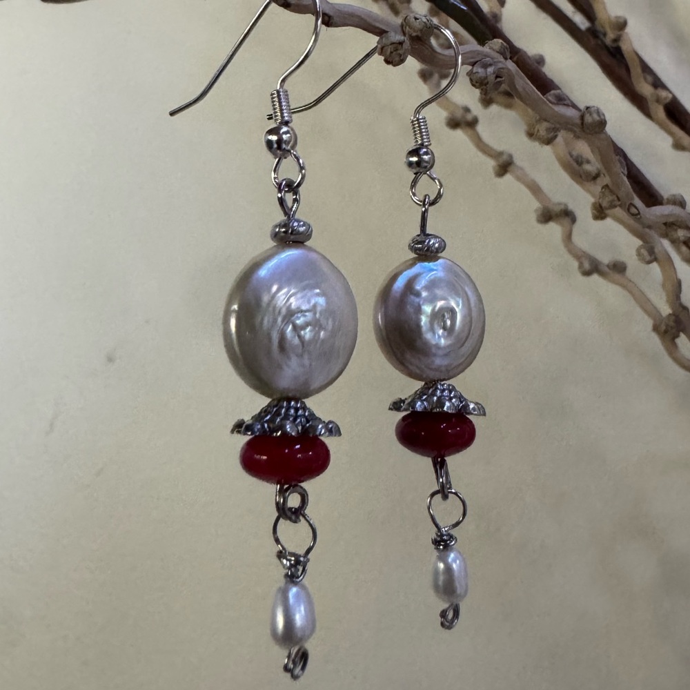 Handcrafted Genuine Silver Coin Pearl & Red Coral Bead Drop w/ Dangles Earrings - Picture 12 of 15